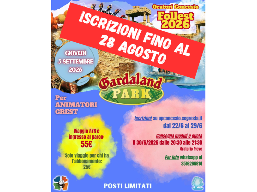GARDALAND ANIMATORI grest CONCESIO  3 settembre 2026